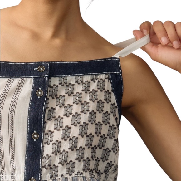 Pilcro Anthropologie button front Patchwork Spaghetti Strap Apron Top Blue - Picture 4 of 9